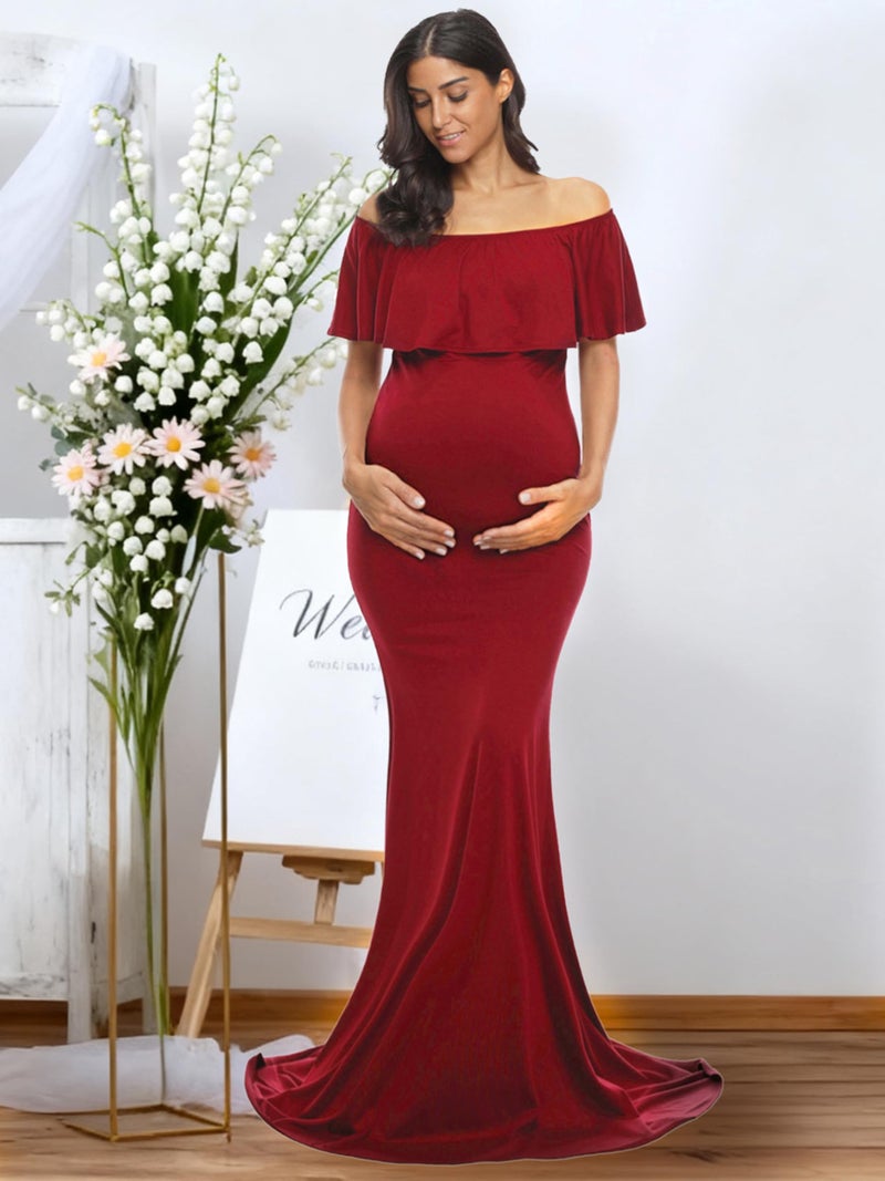 Glampunch Womens Off Shoulder Maternity Dress Ruffles Elegant Slim Gowns Fit Maxi Photography Dress Burgundy - Image 2